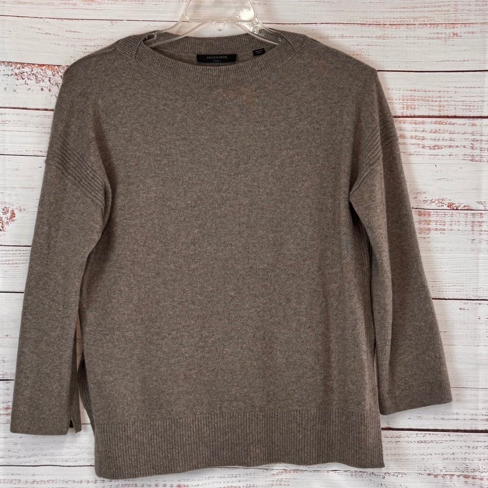 AllSaints Small Brown Italian Yarn Cashmere Wool Blend Sweater Ribbed‎ Sides
